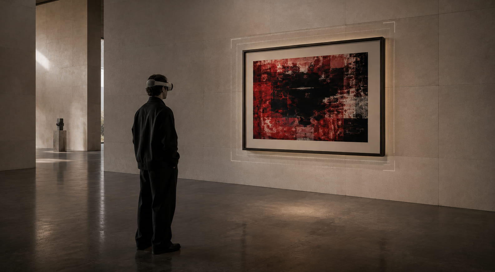 A person wearing a spatial headset standing in front of a large framed artwork in a gallery.
